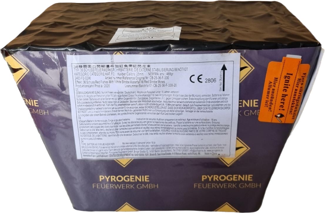 Pyrogenie | CB-330 | Roter Blinkfeuertopf zu Roten Fischen & Silbernem Blinkwasserfall | 36-Schuss